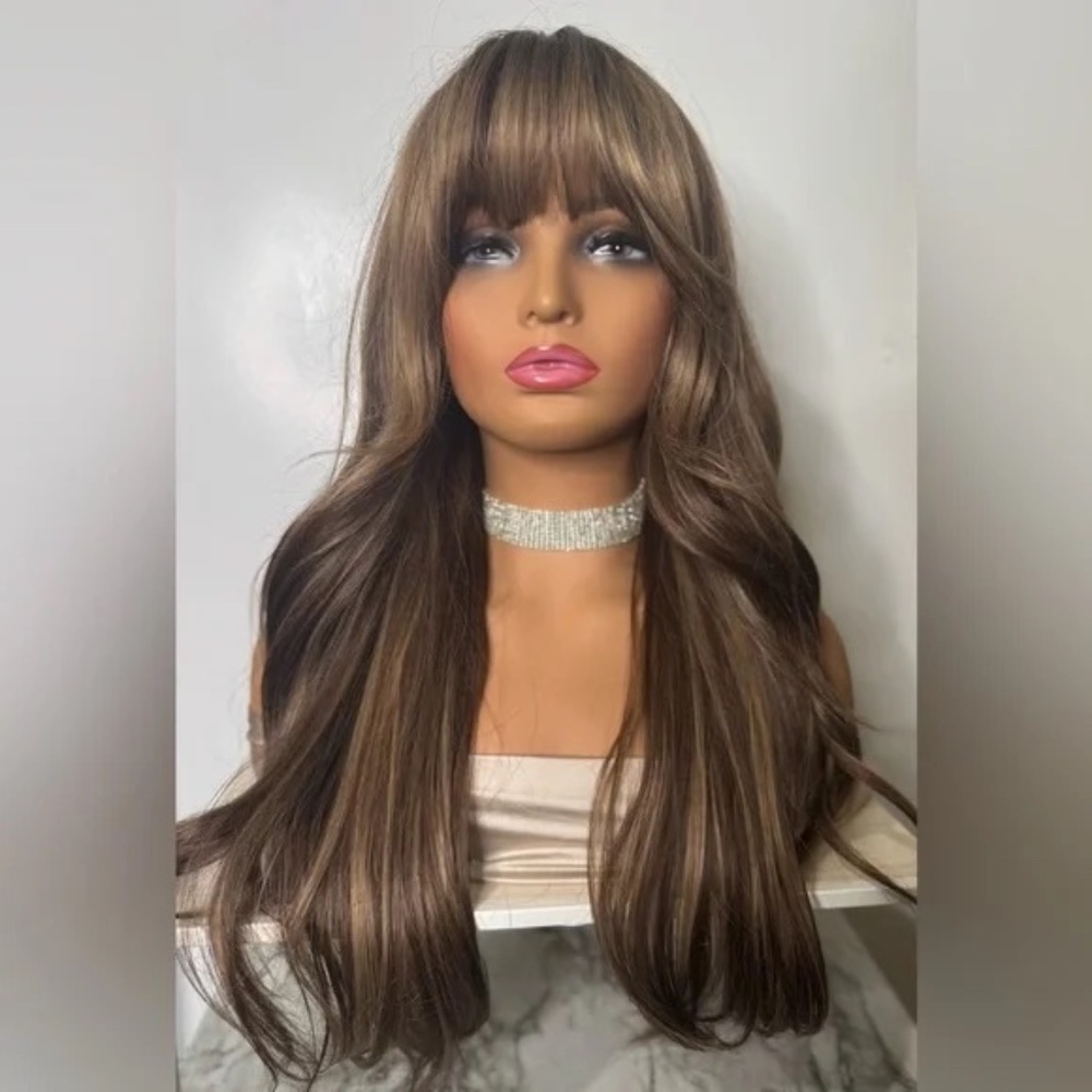 Long Wavy Wig with Curtain Bangs – Medium Brown with Soft Caramel Highlights - Picture 11 of 13